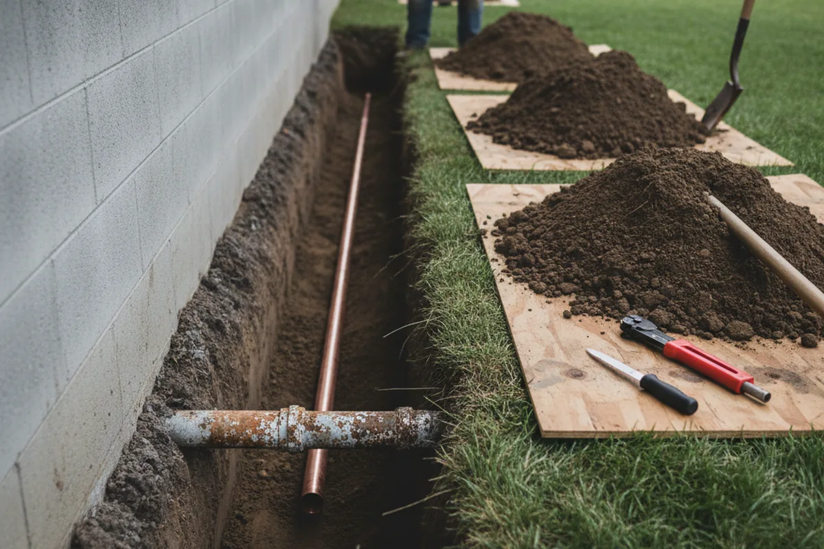 Excavated water line trench during Sewer Line Repair in Ackerman